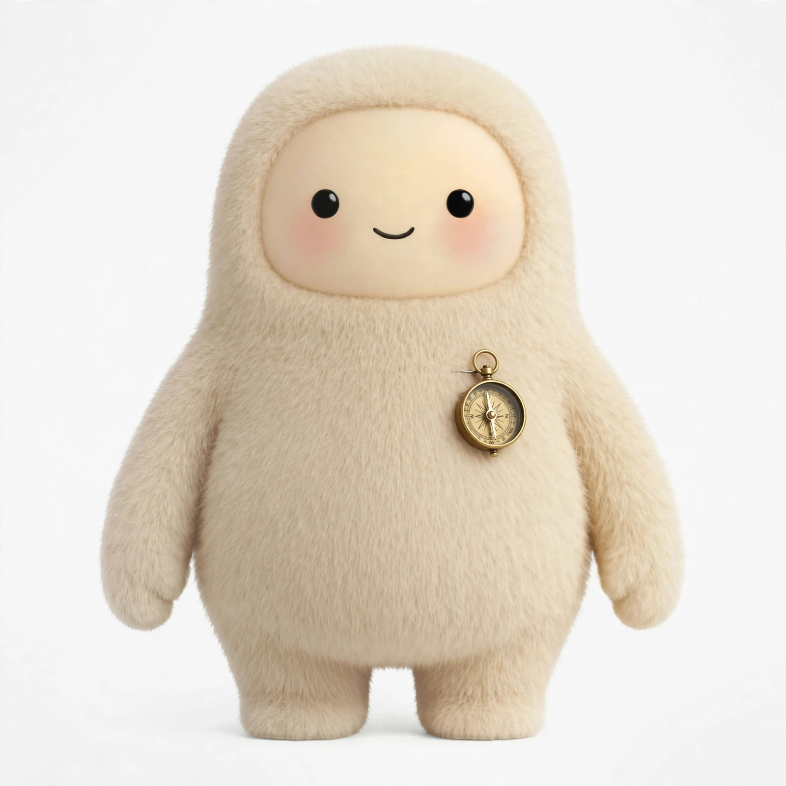 Buddy — a soft cream-colored sloth-like creature with a brass compass brooch